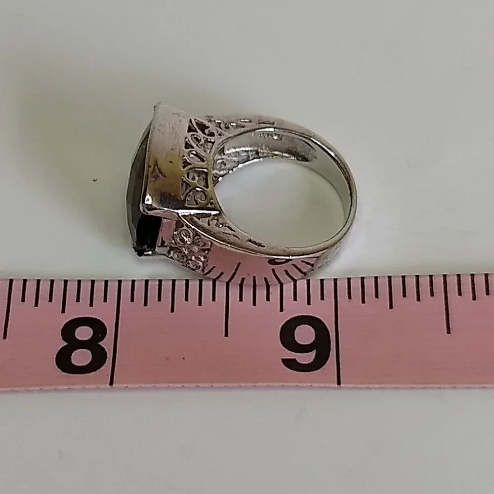 Chocolate Brown Faceted Stone Ring Openwork Sides Silver Tone Ring Size 6.5